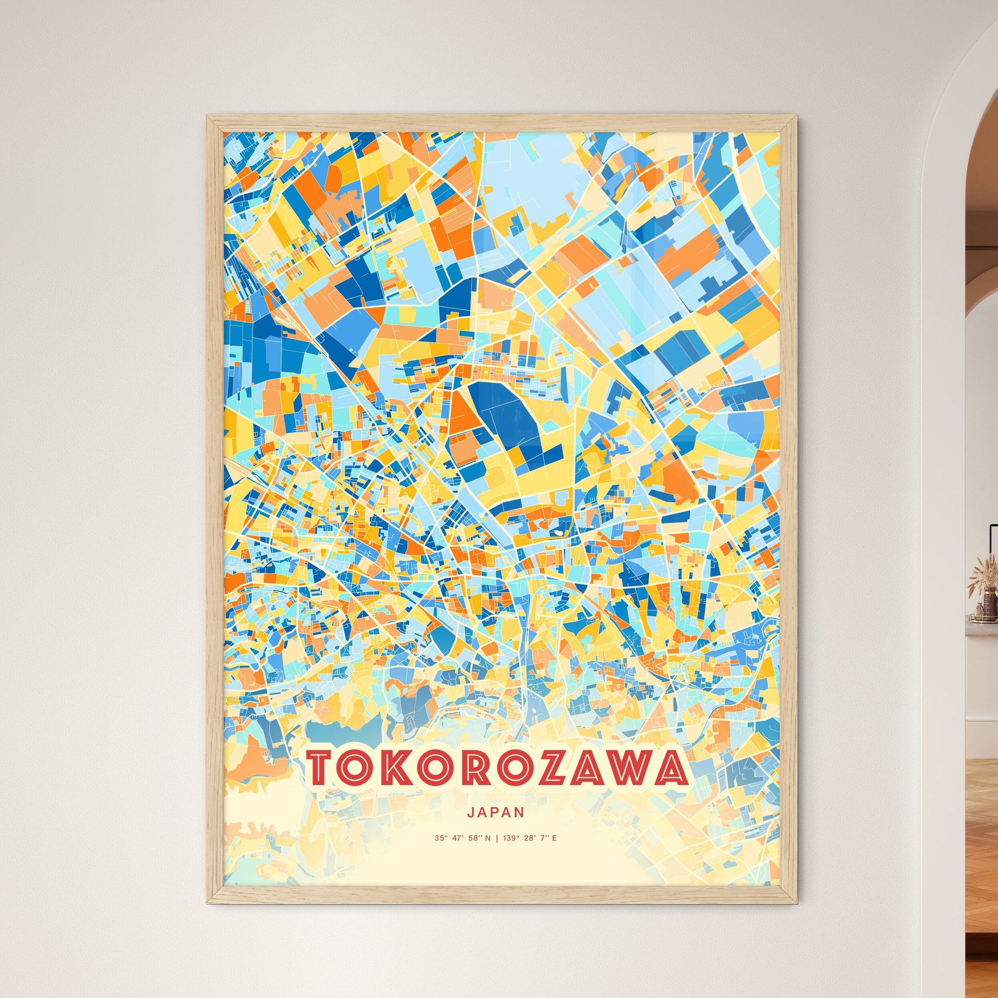 Colorful TOKOROZAWA JAPAN Fine Art Map Blue Orange