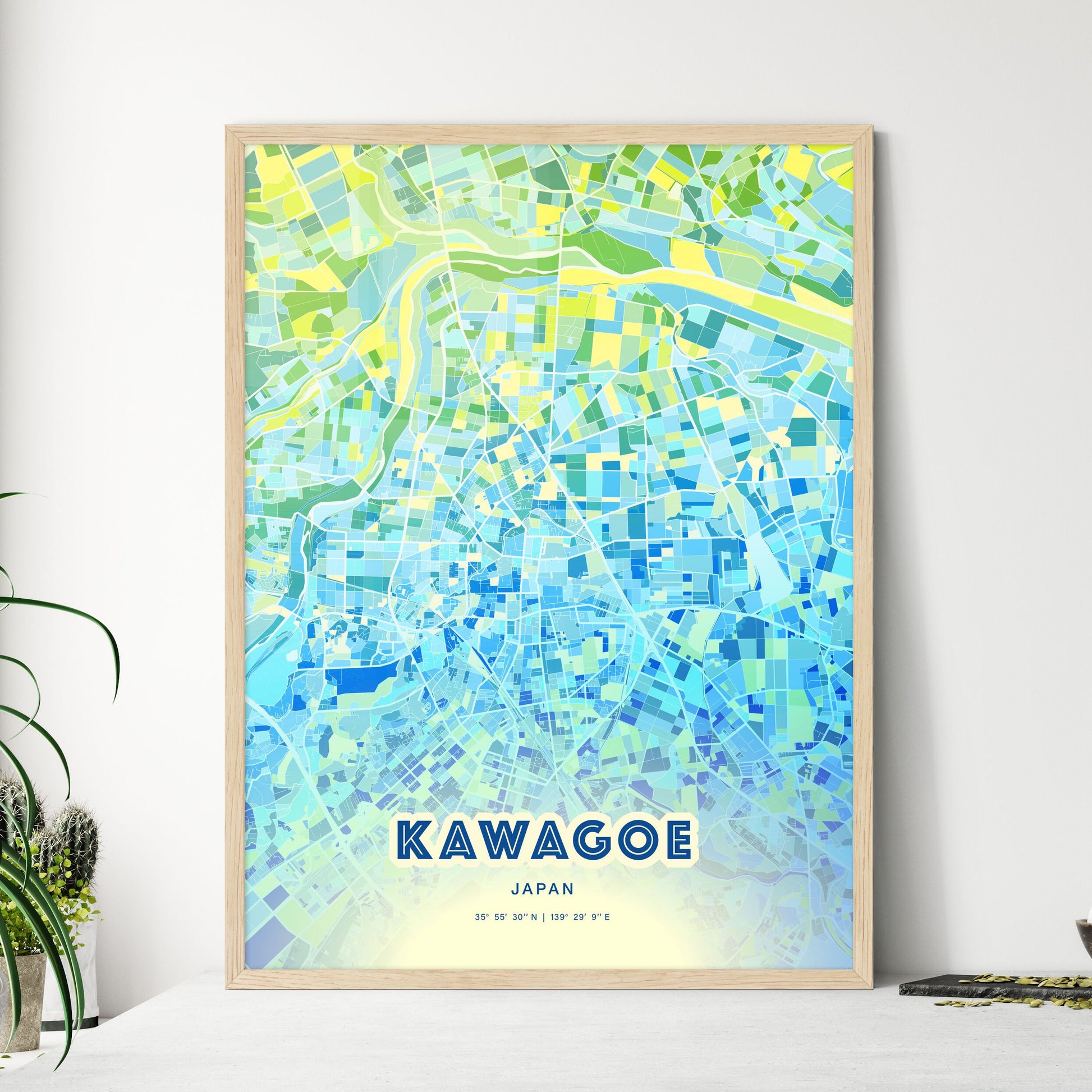 Colorful KAWAGOE JAPAN Fine Art Map Cool Blue