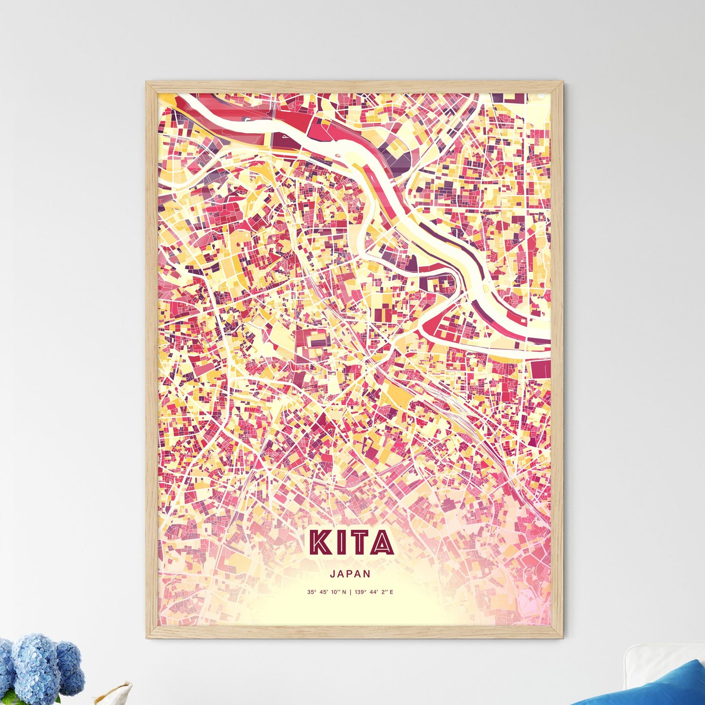 Colorful KITA JAPAN Fine Art Map Hot Red