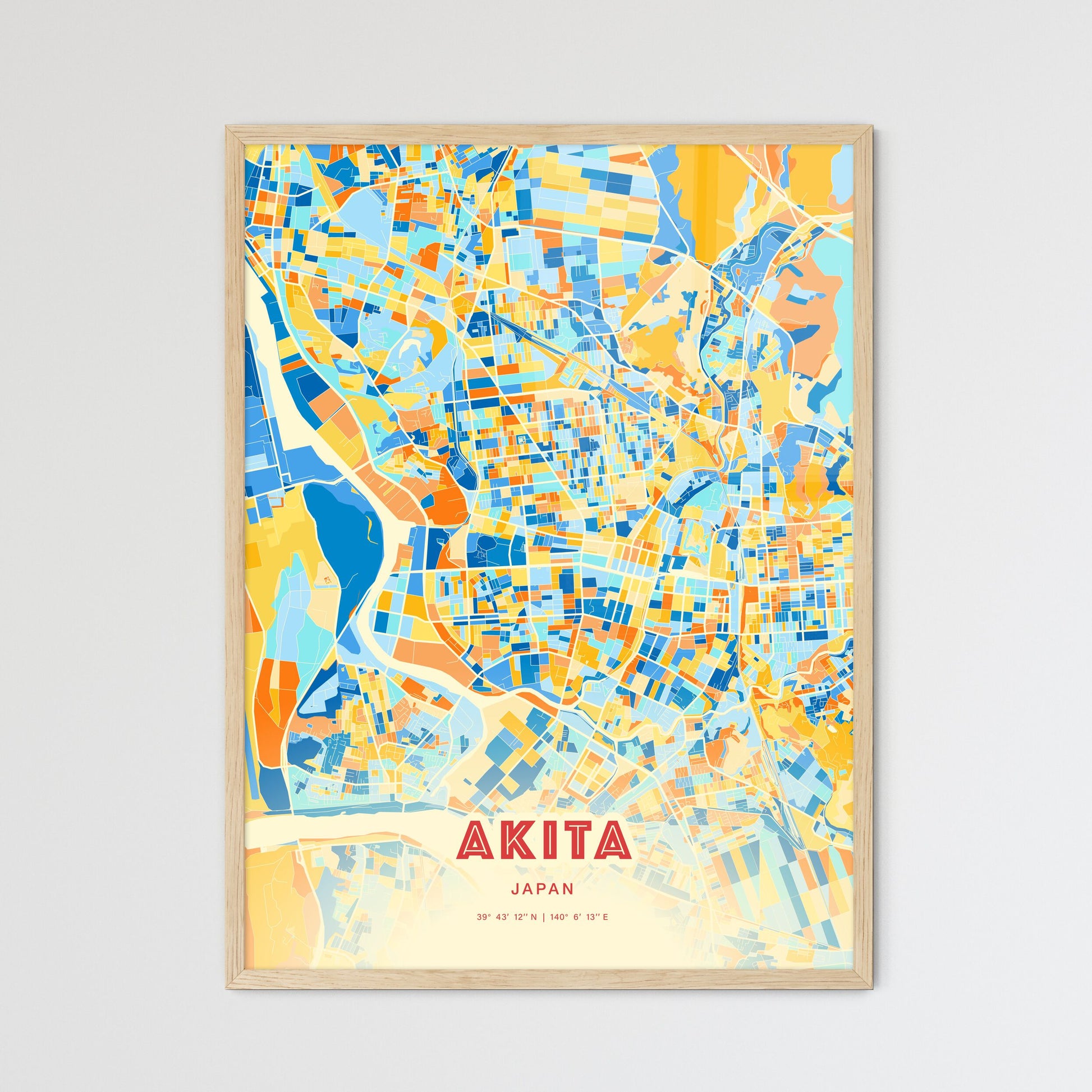 Colorful AKITA JAPAN Fine Art Map Blue Orange