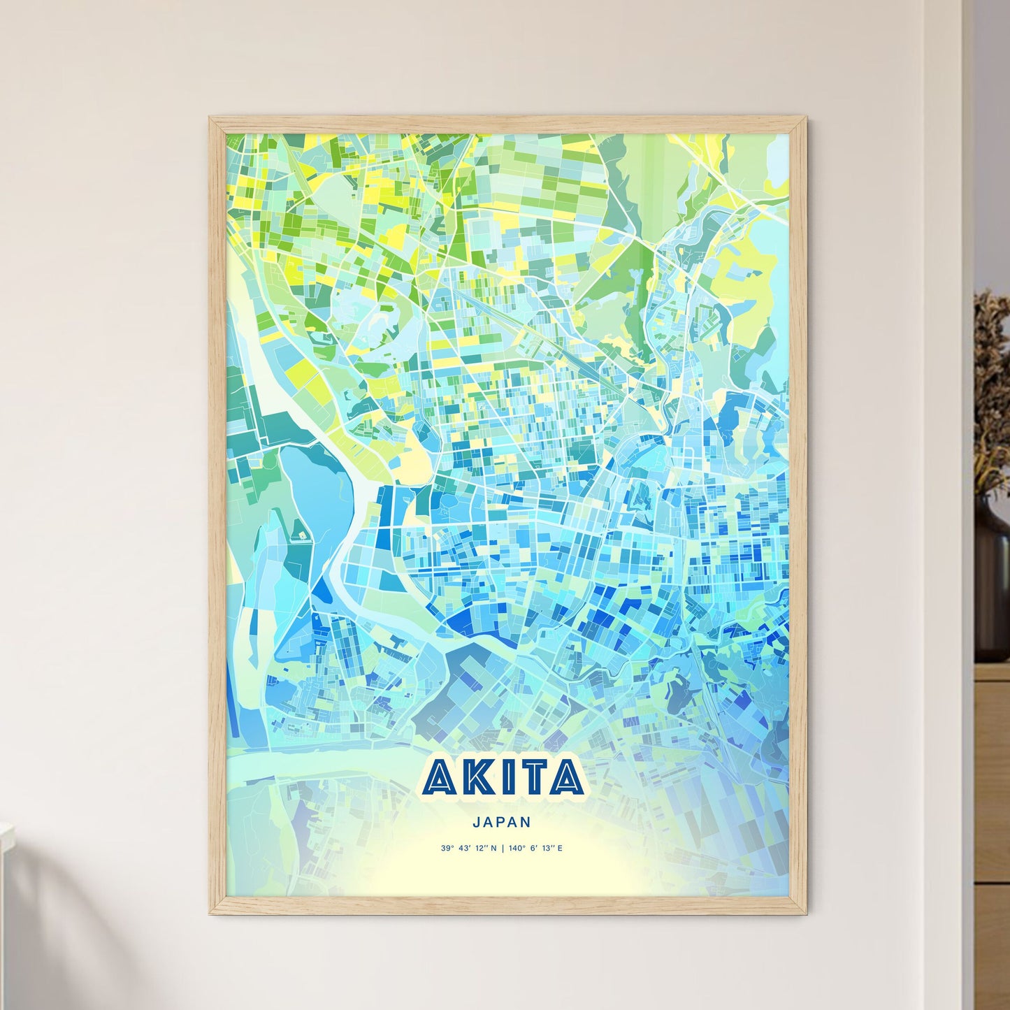 Colorful AKITA JAPAN Fine Art Map Cool Blue