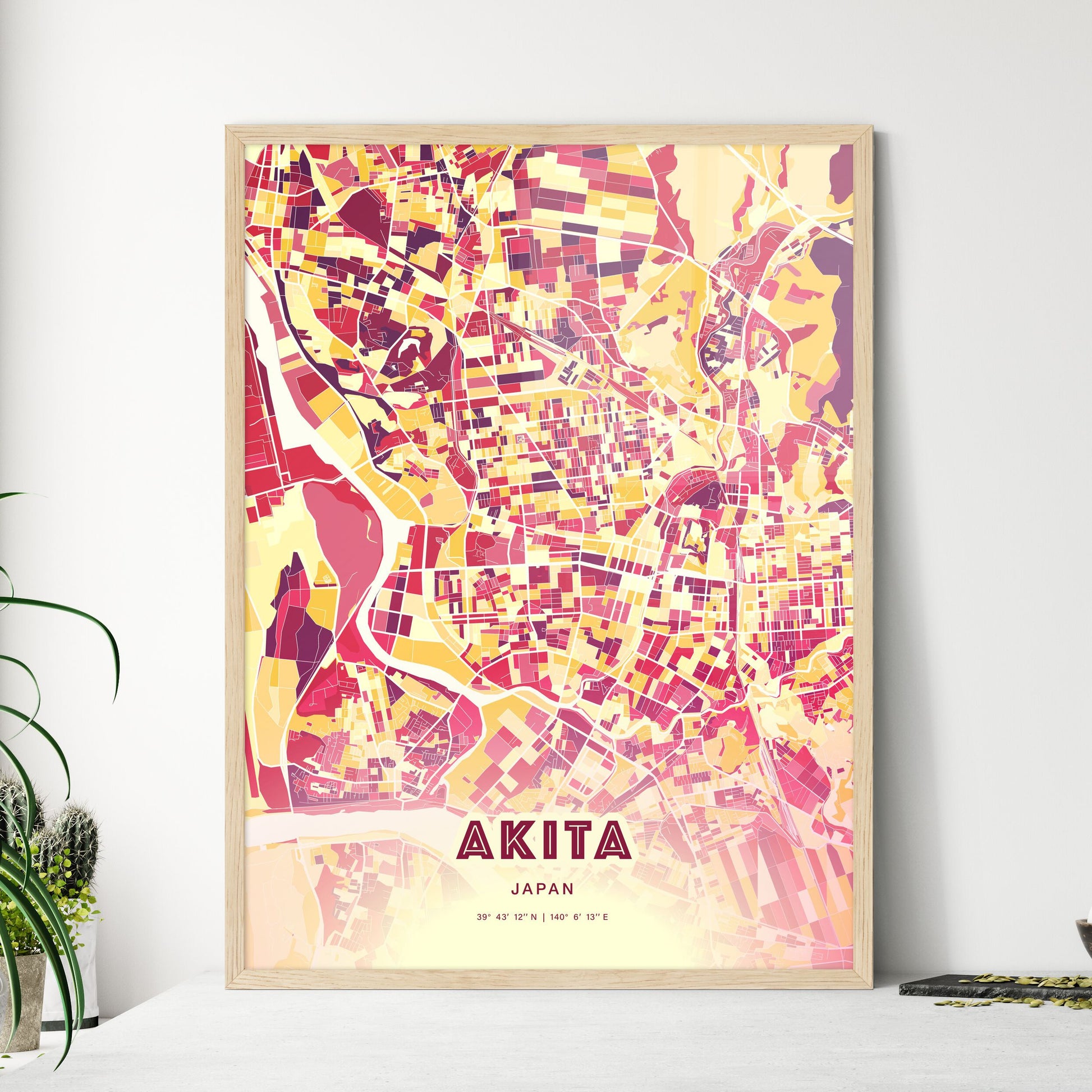 Colorful AKITA JAPAN Fine Art Map Hot Red