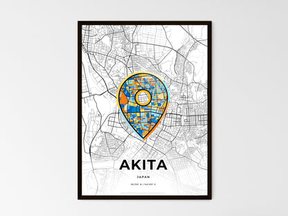 AKITA JAPAN minimal art map with a colorful icon. Where it all began, Couple map gift. Style 1