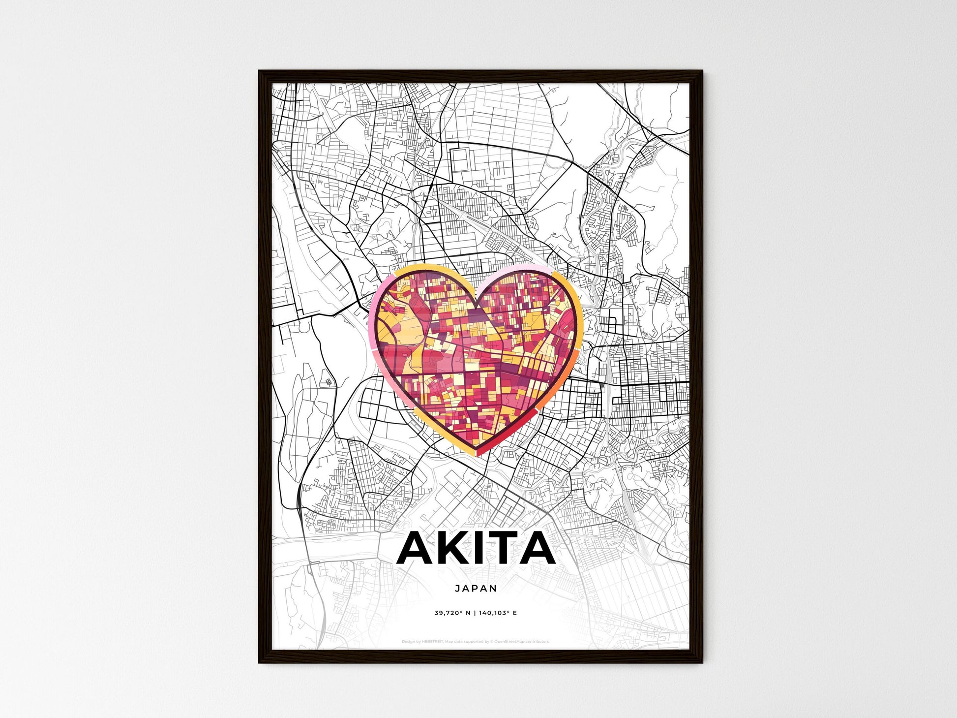 AKITA JAPAN minimal art map with a colorful icon. Where it all began, Couple map gift. Style 2