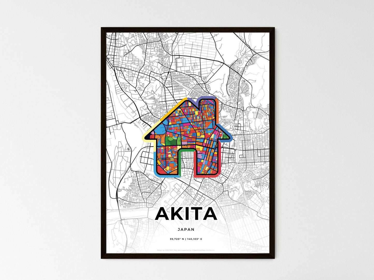 AKITA JAPAN minimal art map with a colorful icon. Where it all began, Couple map gift. Style 3