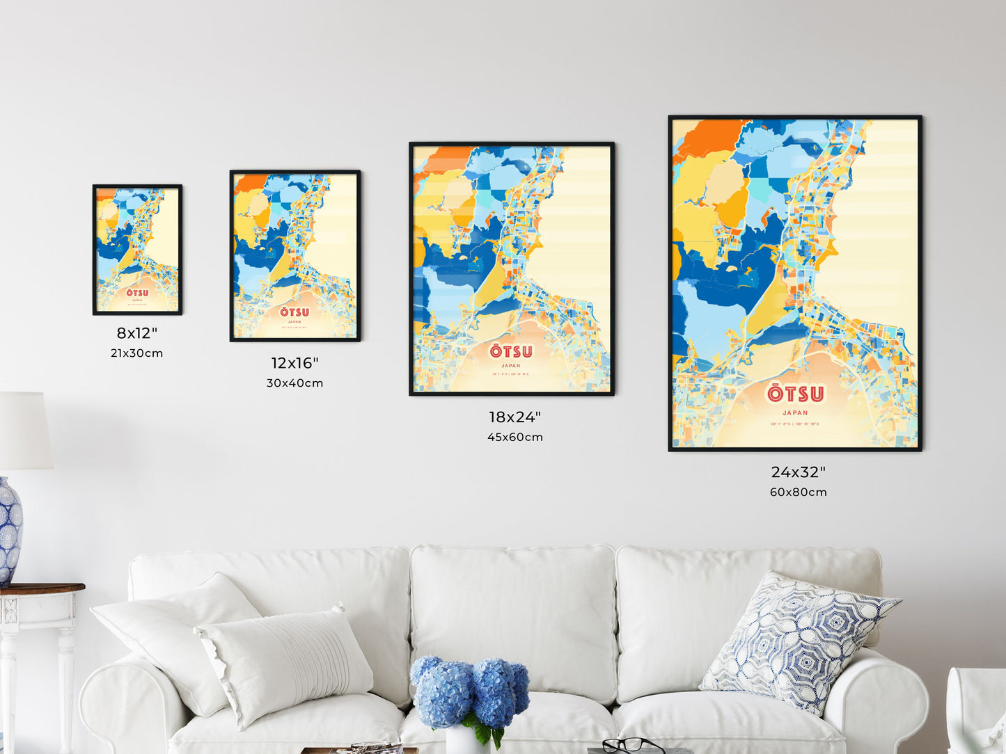 Colorful ŌTSU JAPAN Fine Art Map Blue Orange