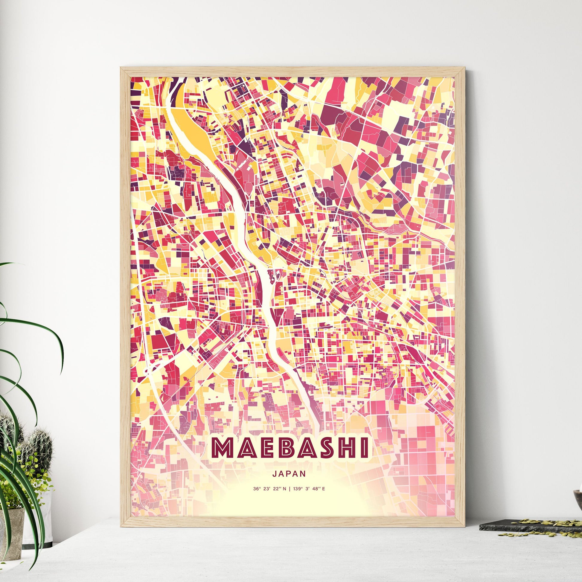 Colorful MAEBASHI JAPAN Fine Art Map Hot Red