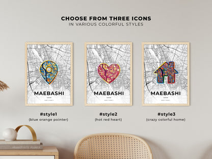 MAEBASHI JAPAN minimal art map with a colorful icon. Where it all began, Couple map gift.