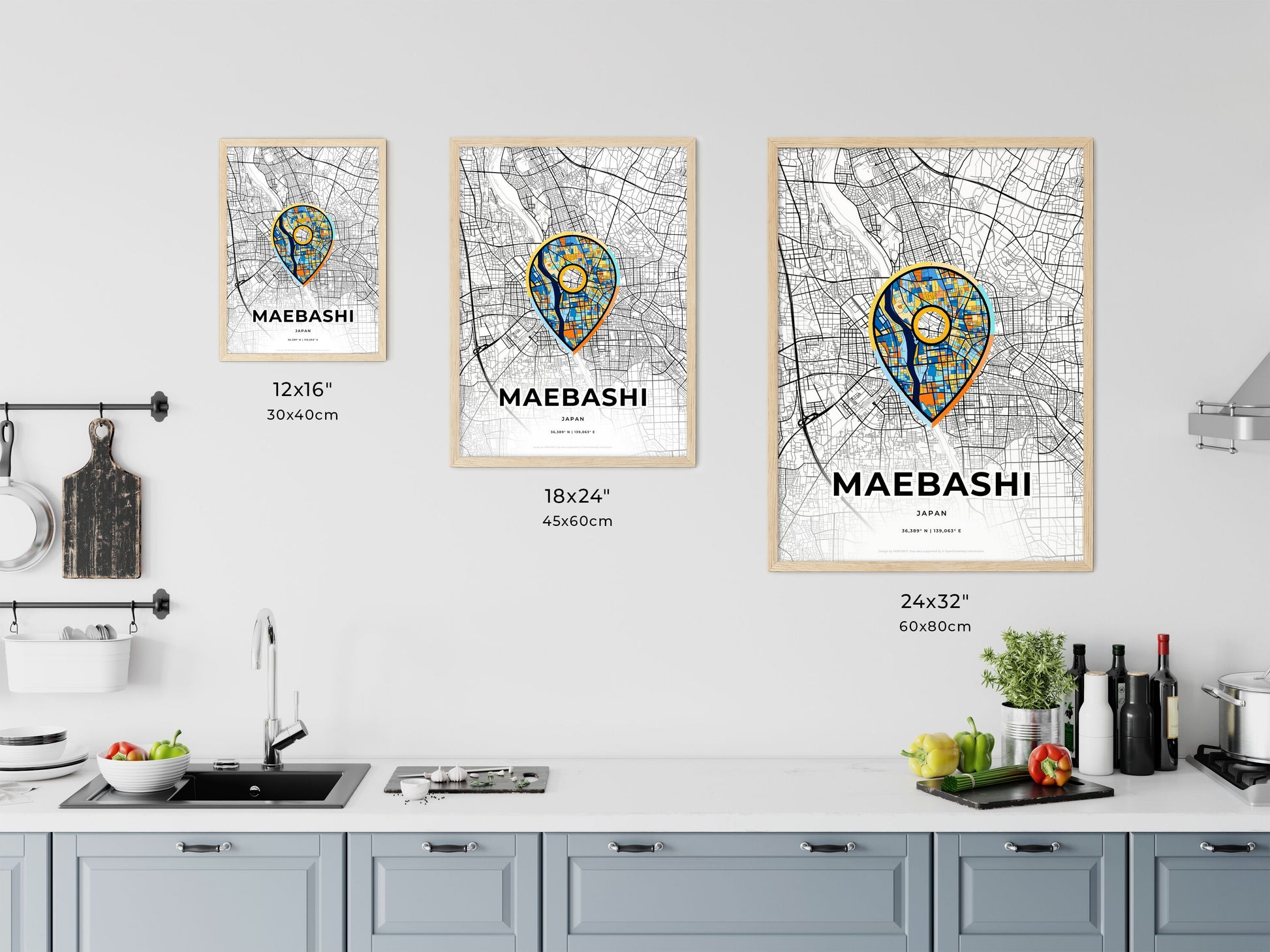MAEBASHI JAPAN minimal art map with a colorful icon. Where it all began, Couple map gift.