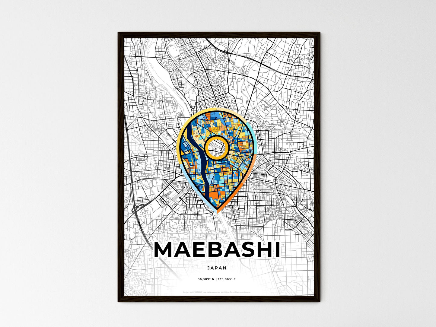MAEBASHI JAPAN minimal art map with a colorful icon. Where it all began, Couple map gift. Style 1