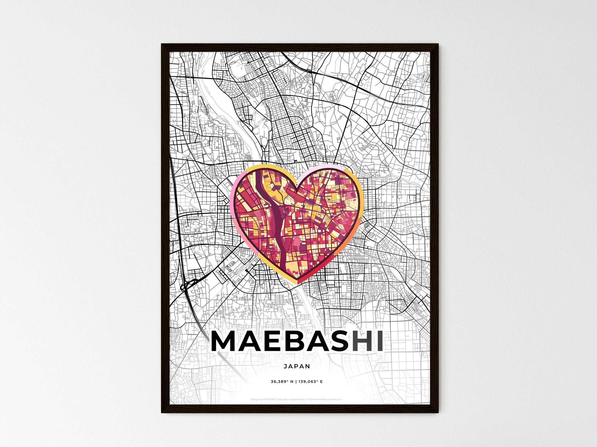 MAEBASHI JAPAN minimal art map with a colorful icon. Where it all began, Couple map gift. Style 2