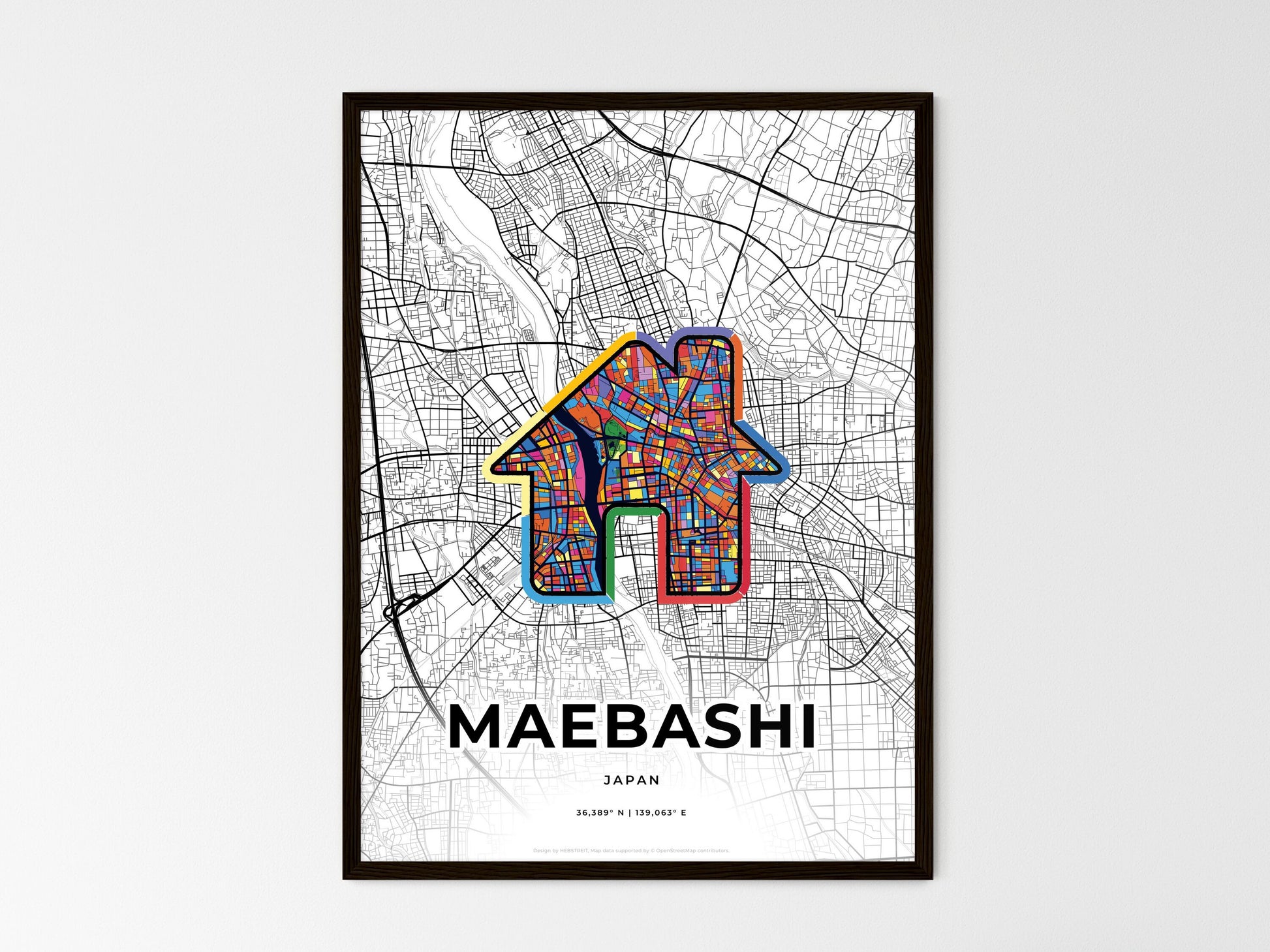 MAEBASHI JAPAN minimal art map with a colorful icon. Where it all began, Couple map gift. Style 3
