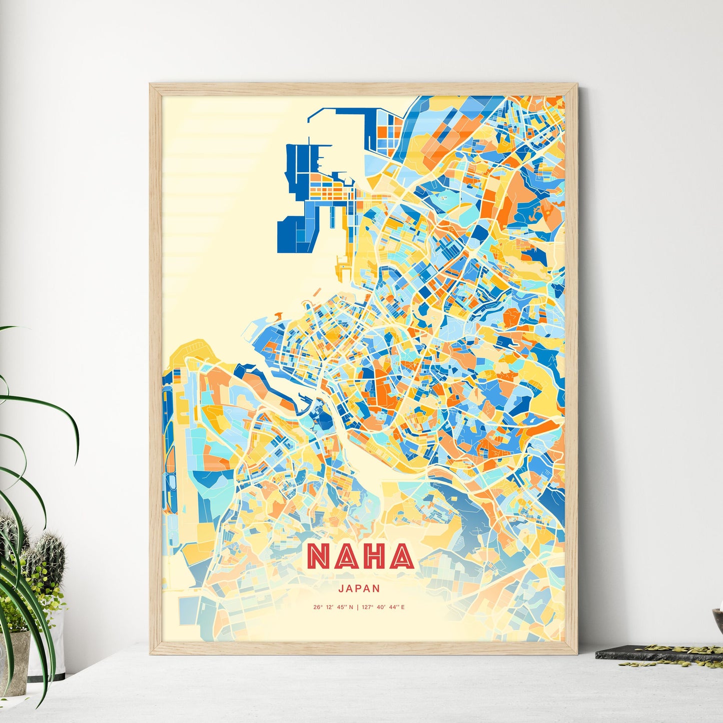 Colorful NAHA JAPAN Fine Art Map Blue Orange