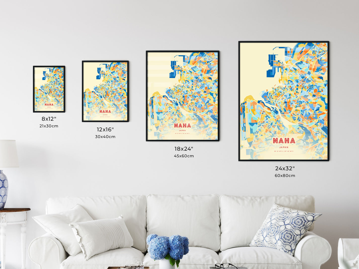 Colorful NAHA JAPAN Fine Art Map Blue Orange