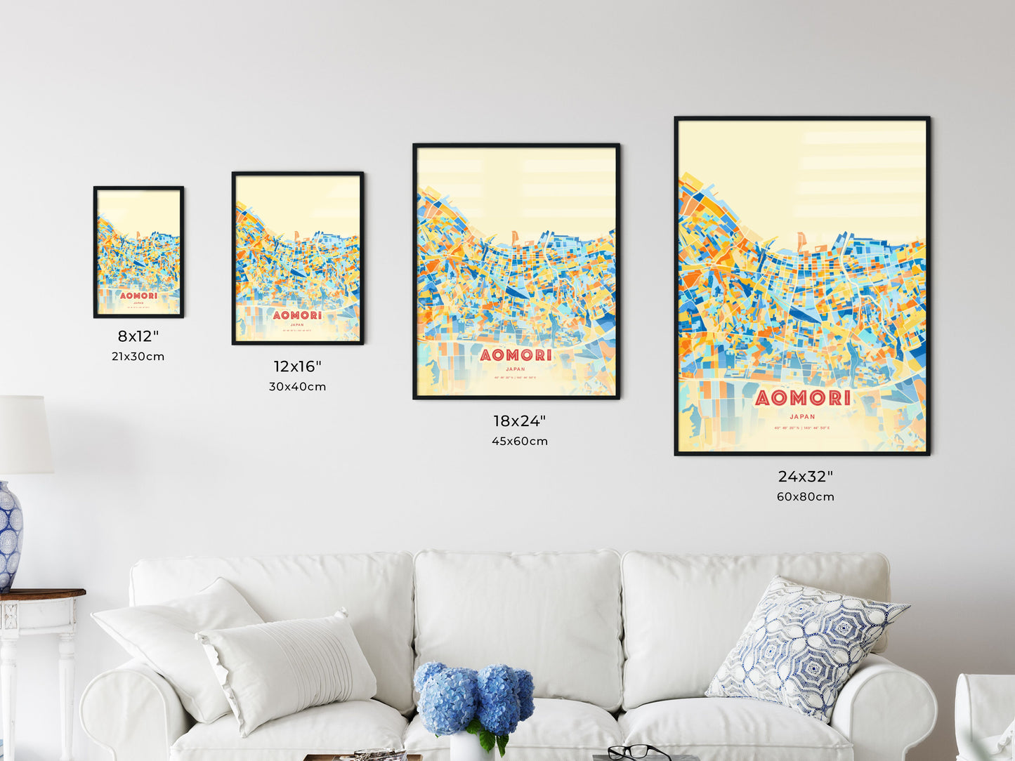 Colorful AOMORI JAPAN Fine Art Map Blue Orange