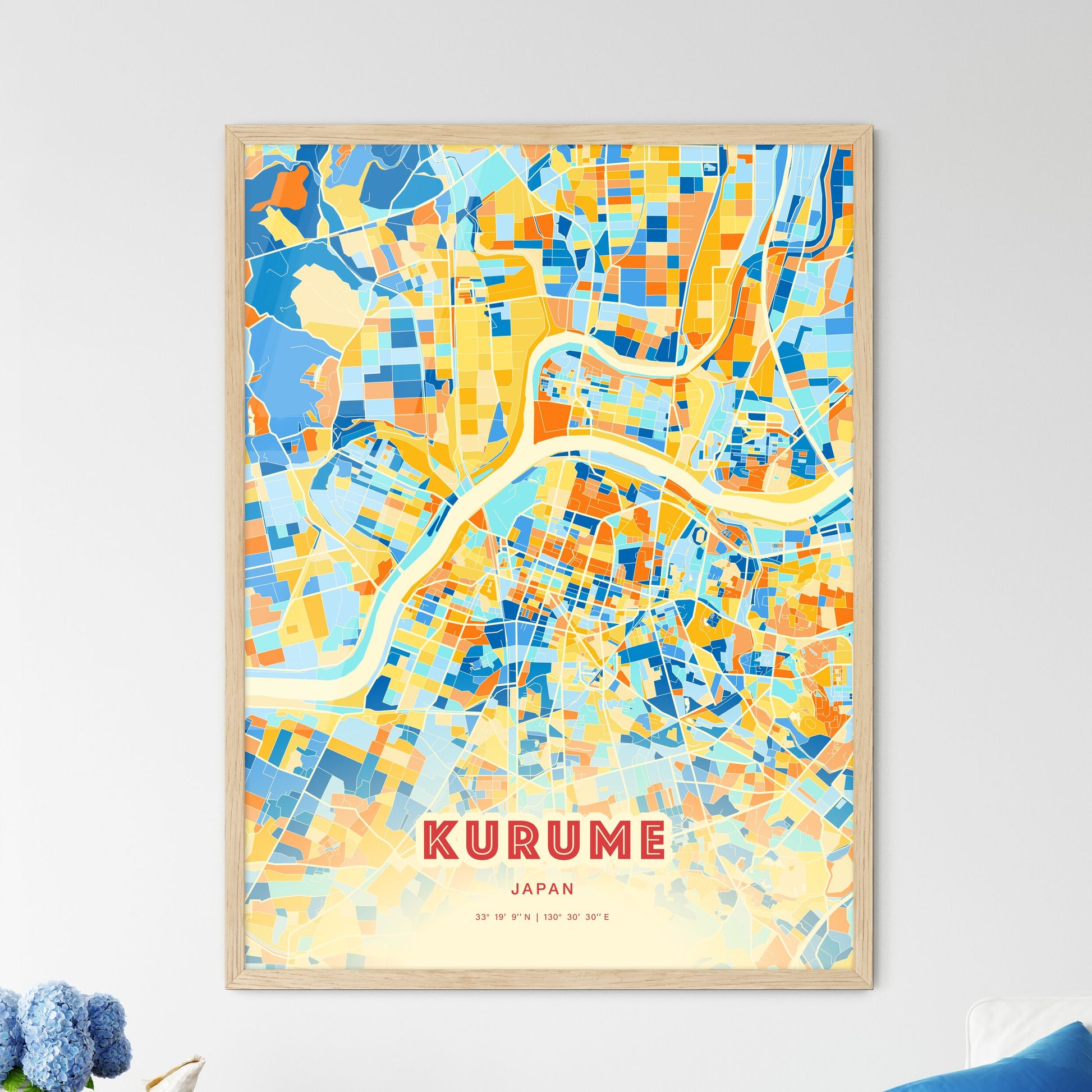 Colorful KURUME JAPAN Fine Art Map Blue Orange