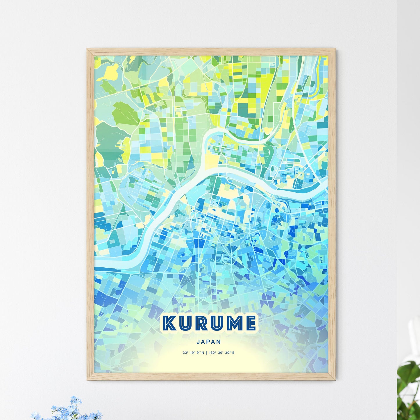 Colorful KURUME JAPAN Fine Art Map Cool Blue