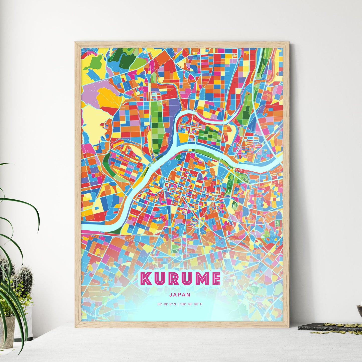 Colorful KURUME JAPAN Fine Art Map Crazy Colors