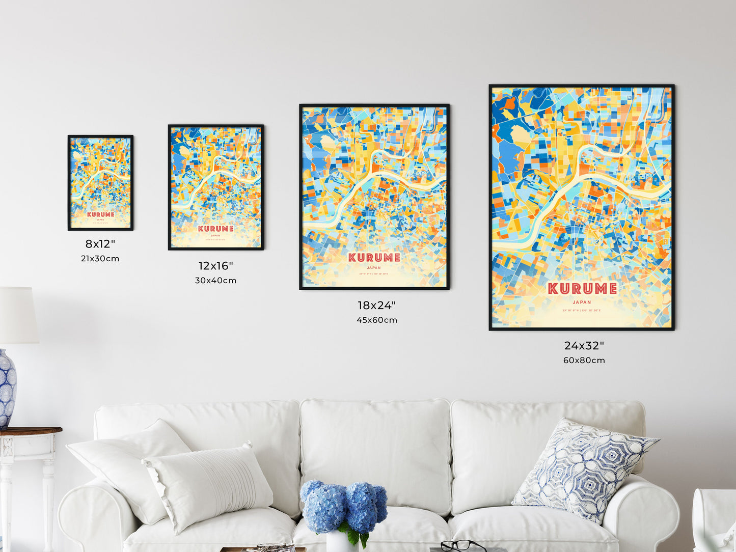 Colorful KURUME JAPAN Fine Art Map Blue Orange