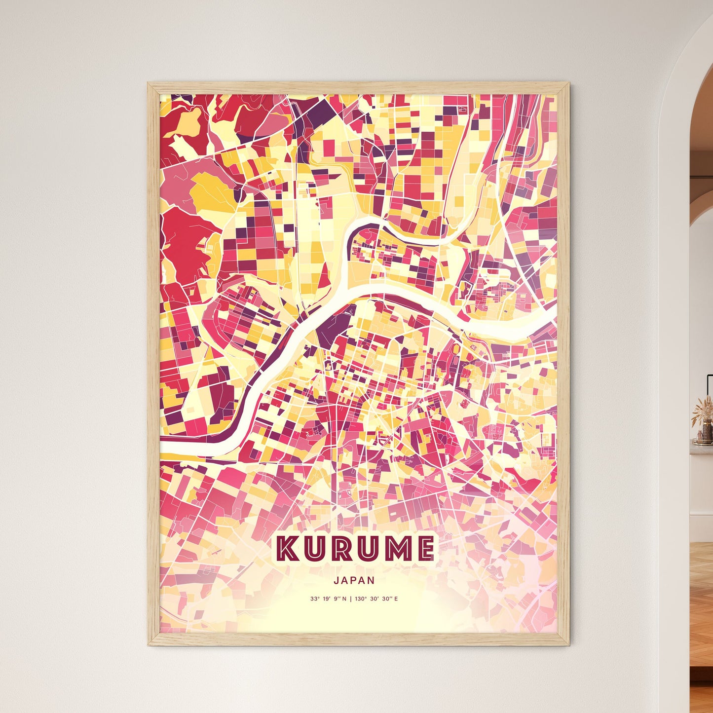 Colorful KURUME JAPAN Fine Art Map Hot Red