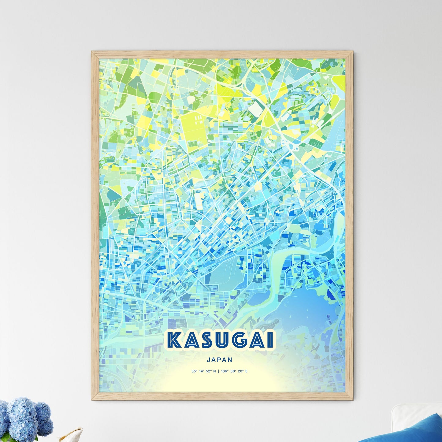 Colorful KASUGAI JAPAN Fine Art Map Cool Blue