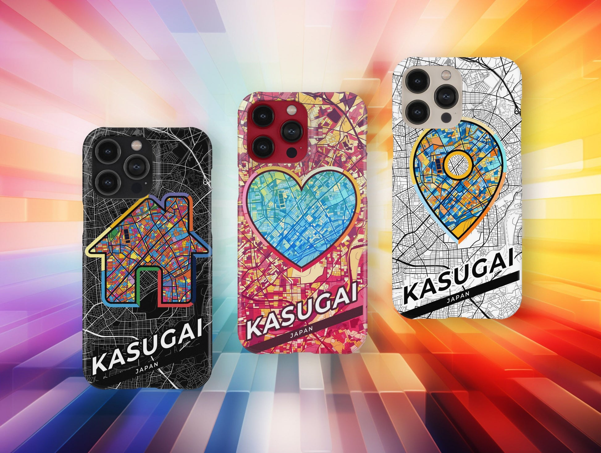 Kasugai Japan slim phone case with colorful icon. Birthday, wedding or housewarming gift. Couple match cases.