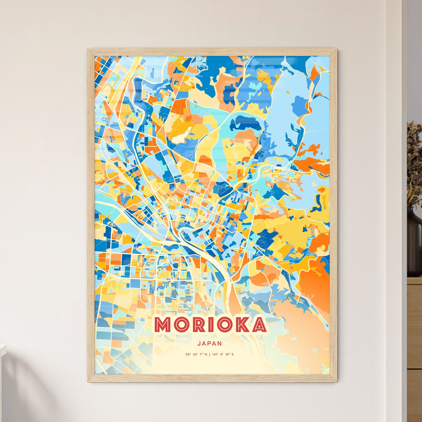 Colorful MORIOKA JAPAN Fine Art Map Blue Orange