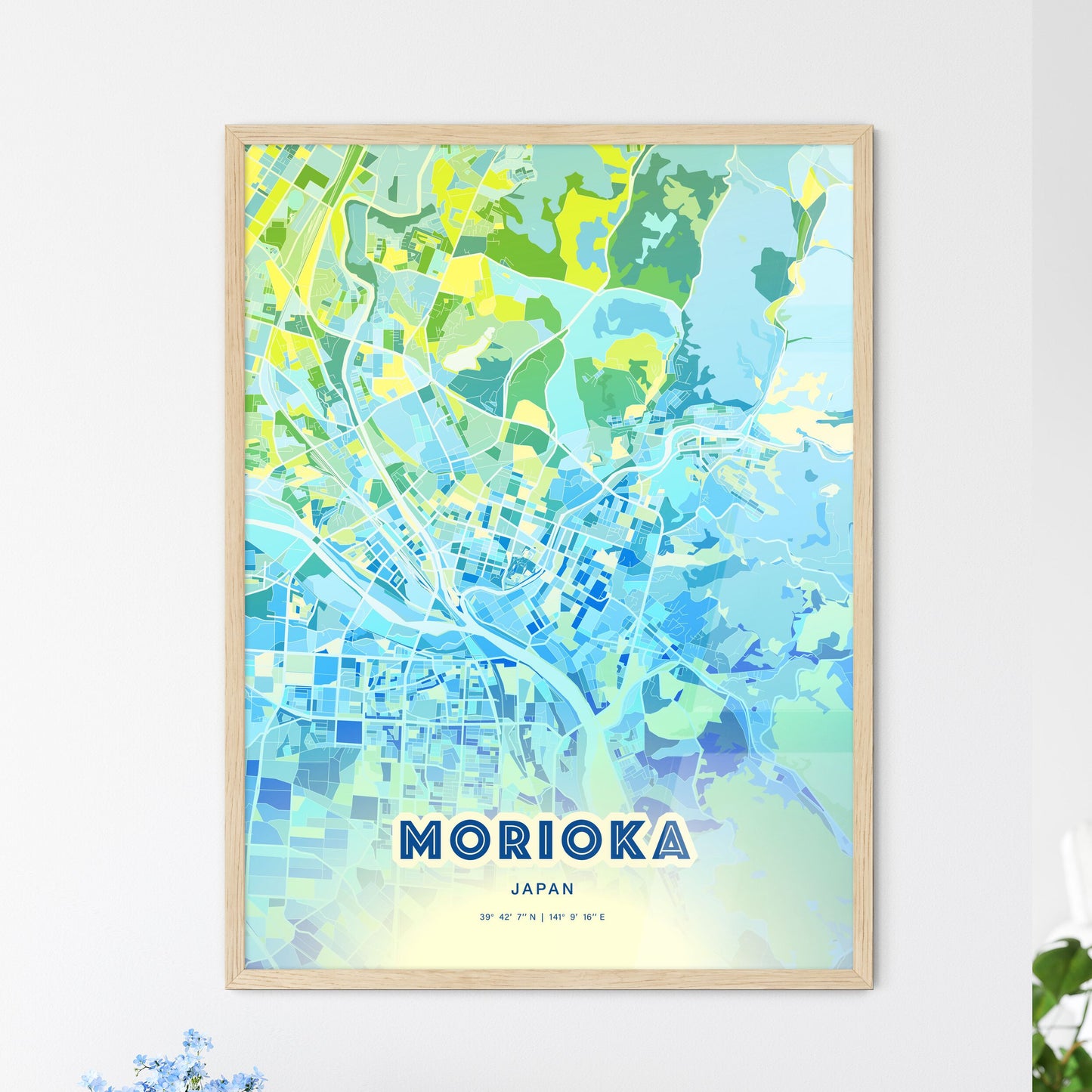 Colorful MORIOKA JAPAN Fine Art Map Cool Blue