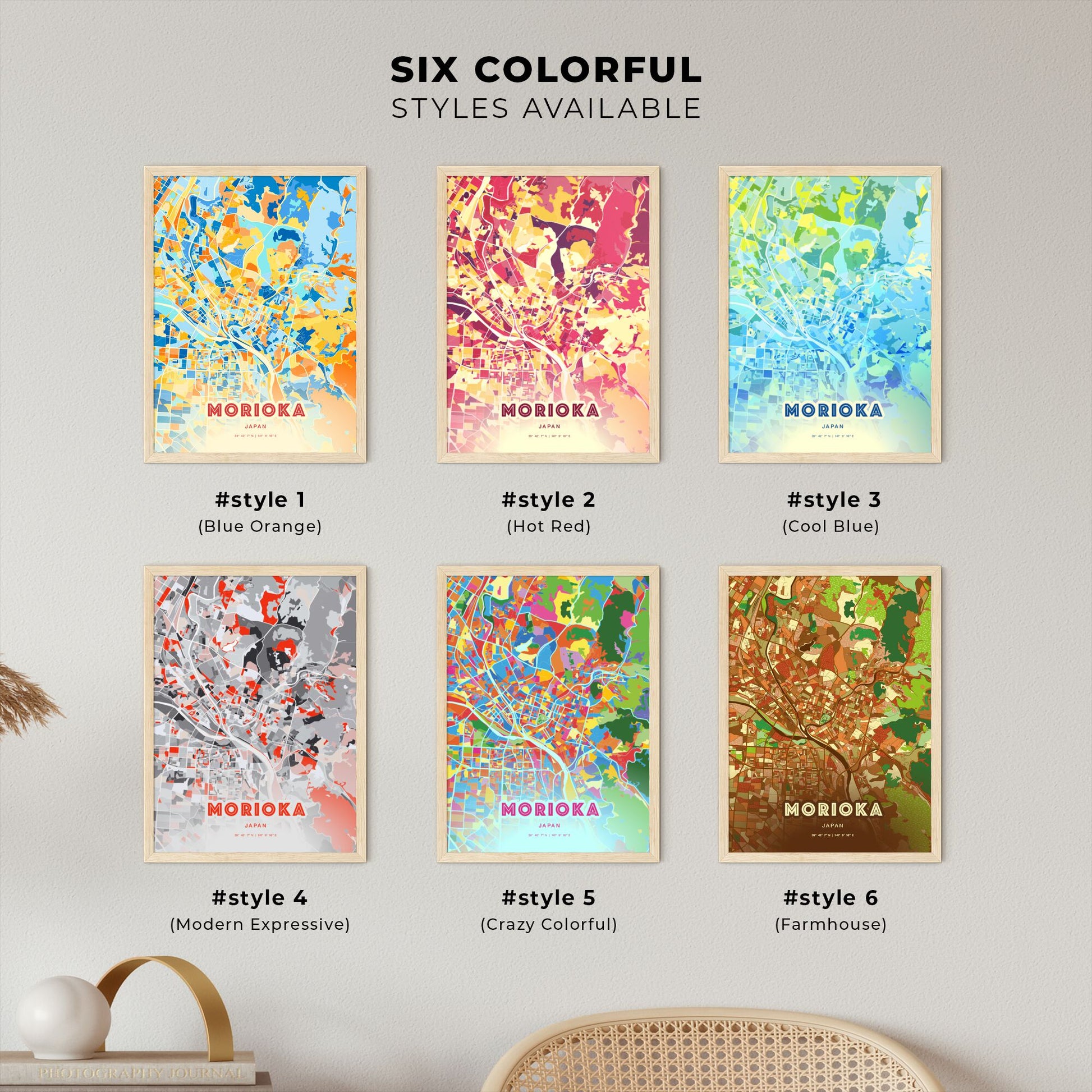 Colorful MORIOKA JAPAN Fine Art Map Blue Orange