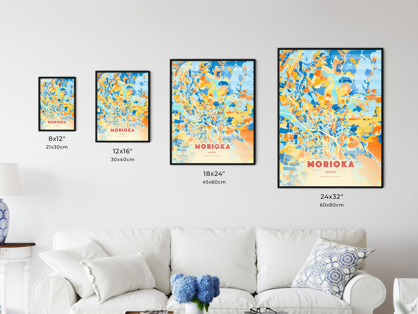 Colorful MORIOKA JAPAN Fine Art Map Blue Orange