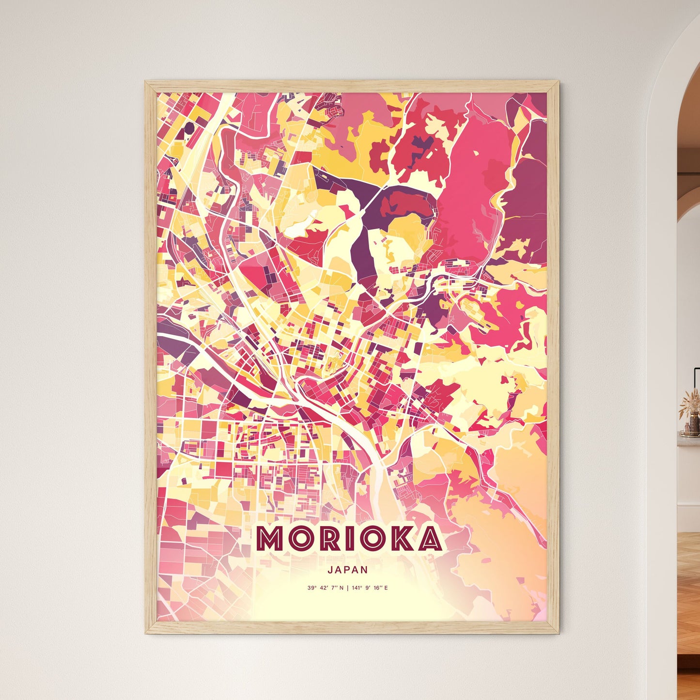 Colorful MORIOKA JAPAN Fine Art Map Hot Red