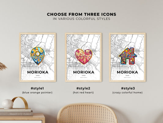 Morioka Japan maps with colorful icons