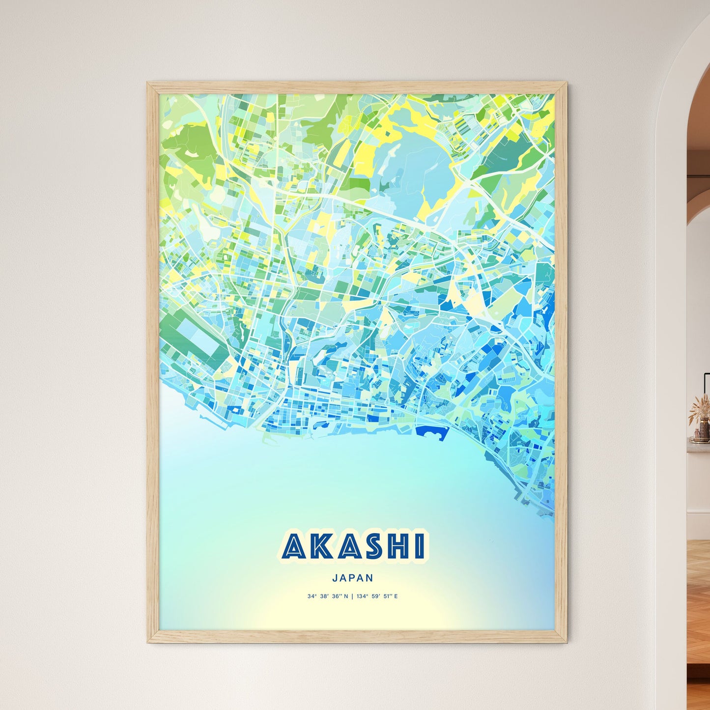 Colorful AKASHI JAPAN Fine Art Map Cool Blue