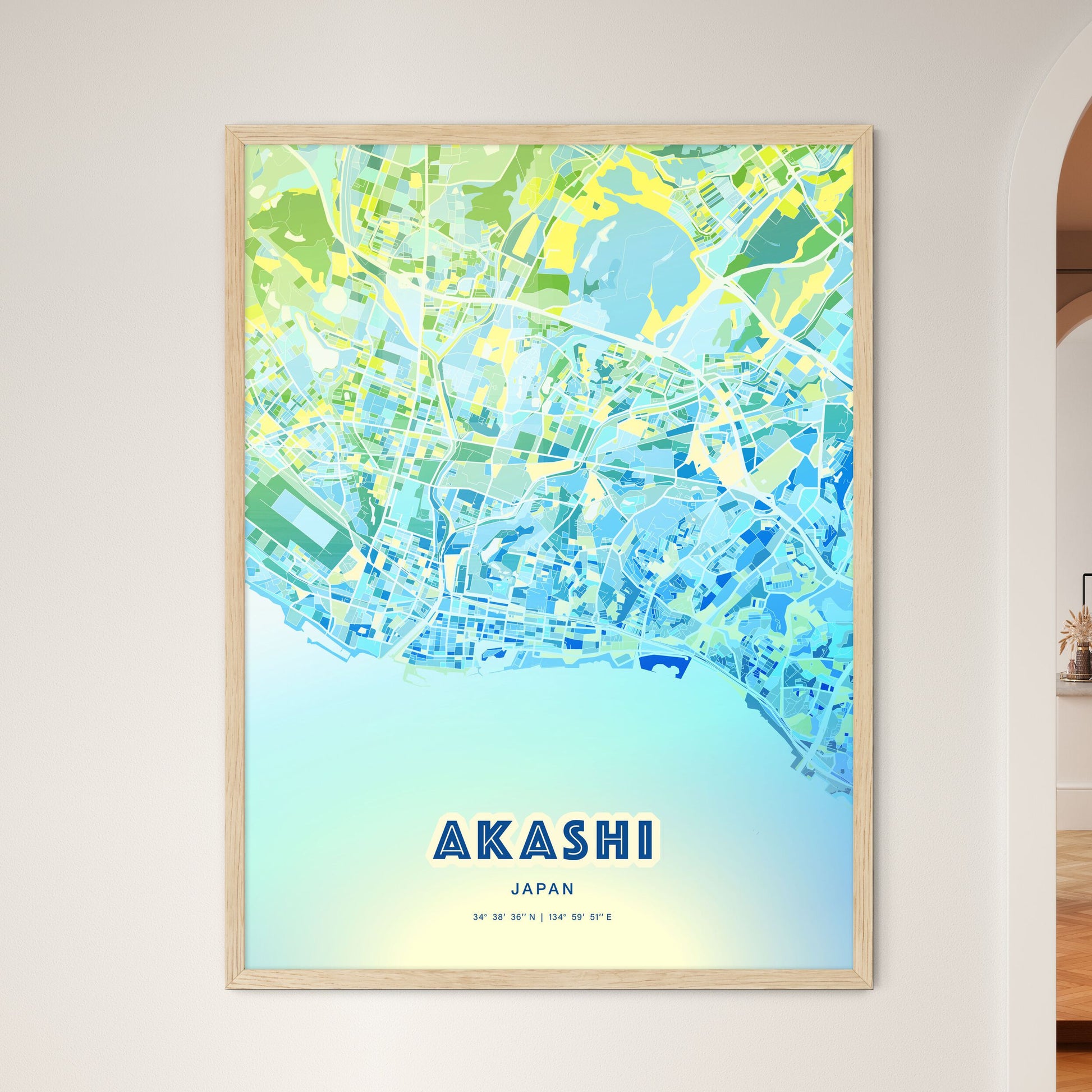 Colorful AKASHI JAPAN Fine Art Map Cool Blue