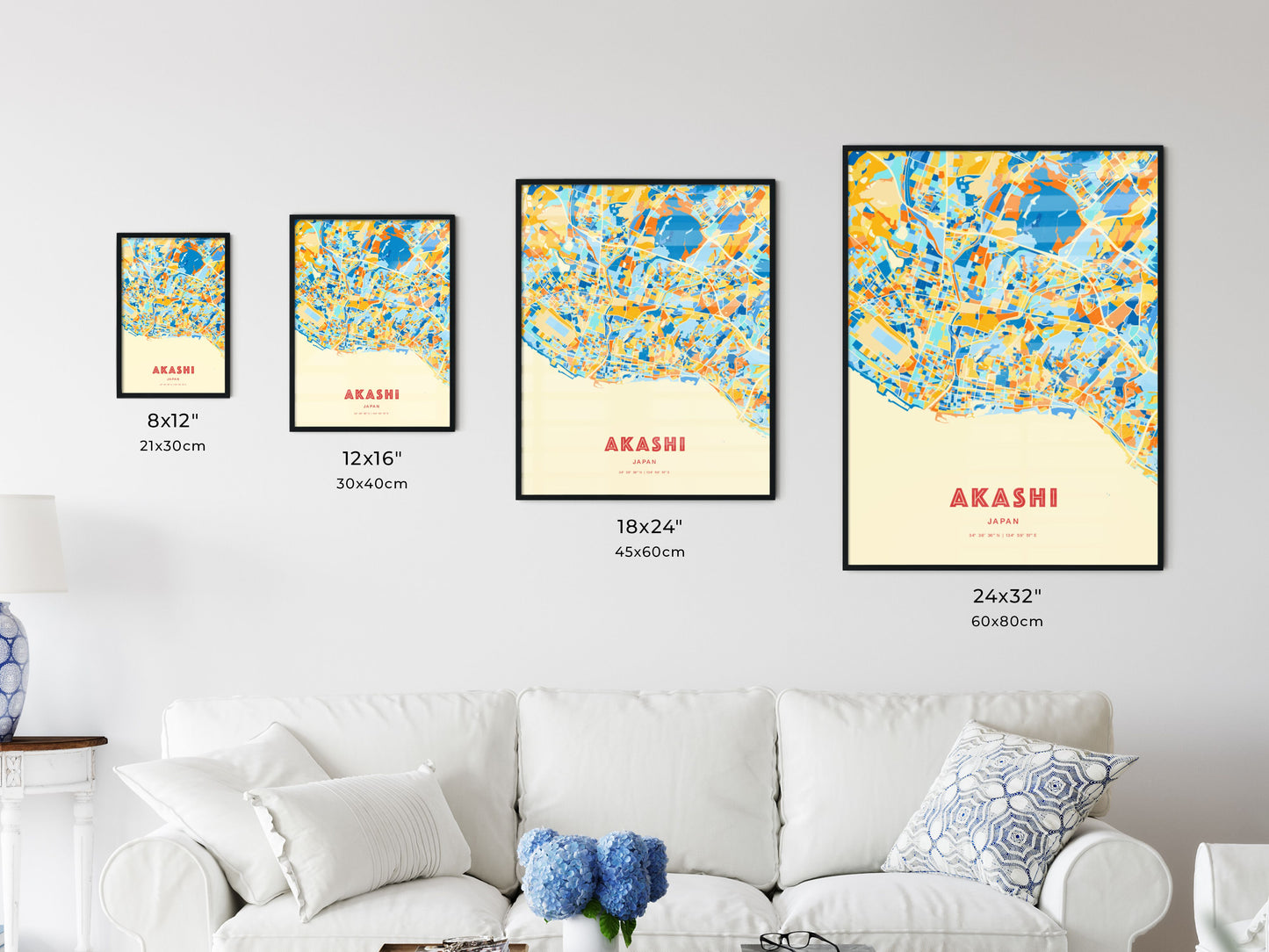 Colorful AKASHI JAPAN Fine Art Map Blue Orange