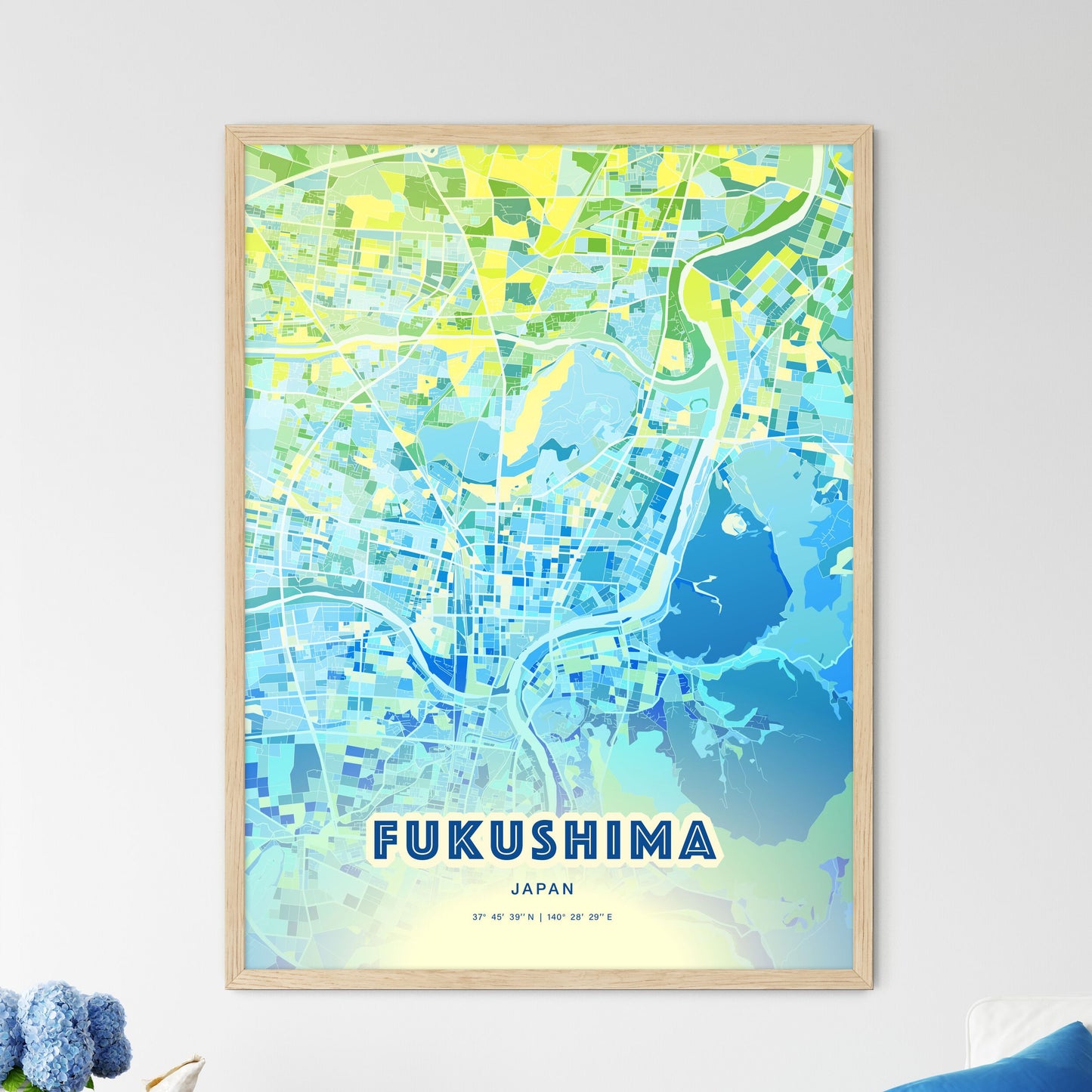 Colorful FUKUSHIMA JAPAN Fine Art Map Cool Blue