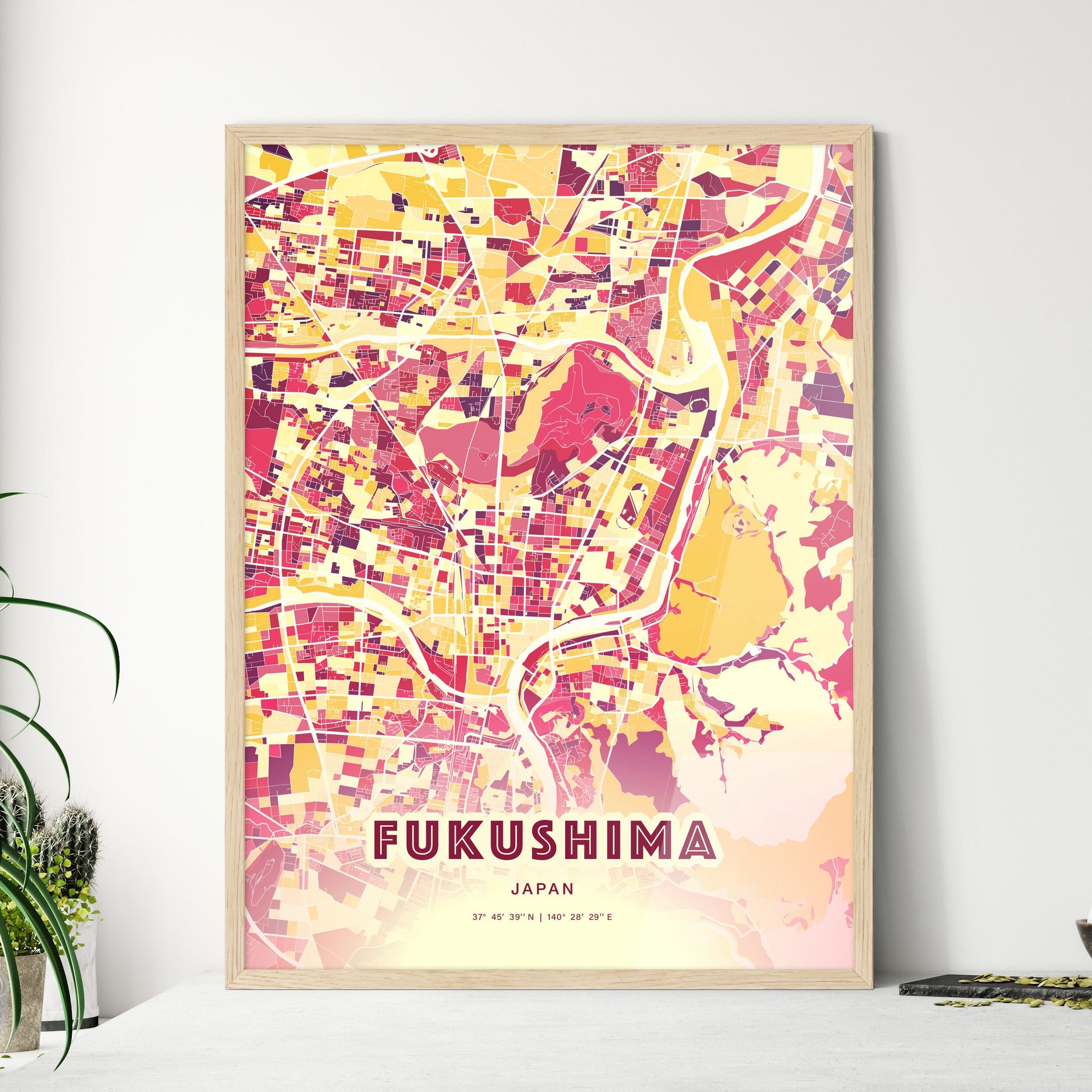 Colorful FUKUSHIMA JAPAN Fine Art Map Hot Red