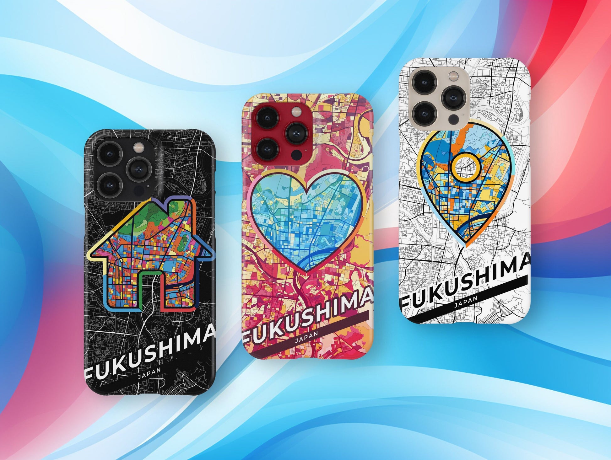 Fukushima Japan slim phone case with colorful icon. Birthday, wedding or housewarming gift. Couple match cases.