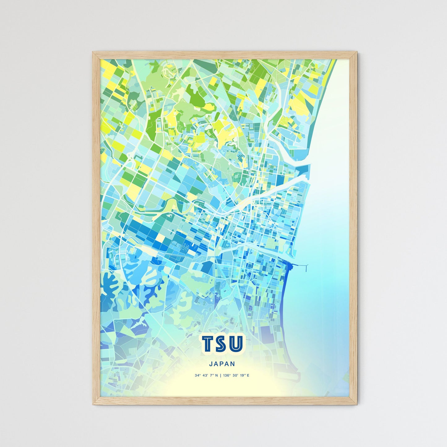 Colorful TSU JAPAN Fine Art Map Cool Blue