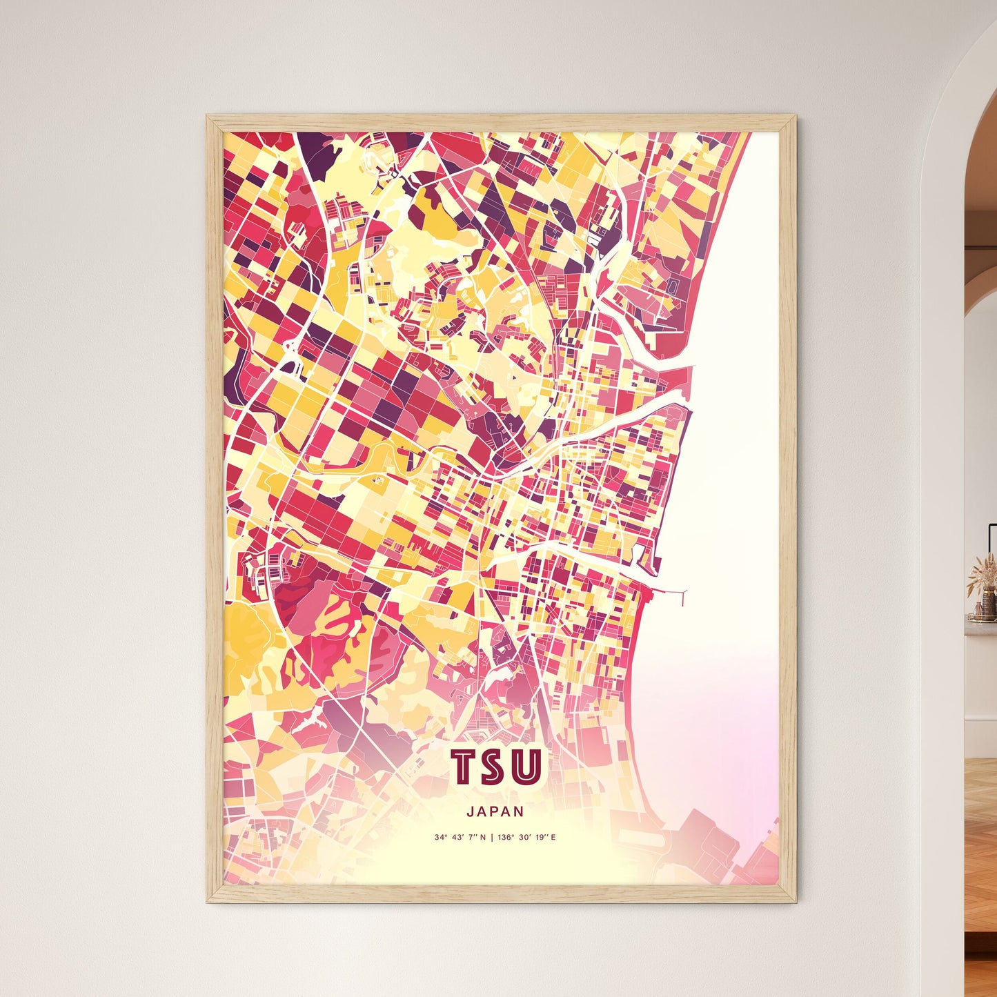 Colorful TSU JAPAN Fine Art Map Hot Red