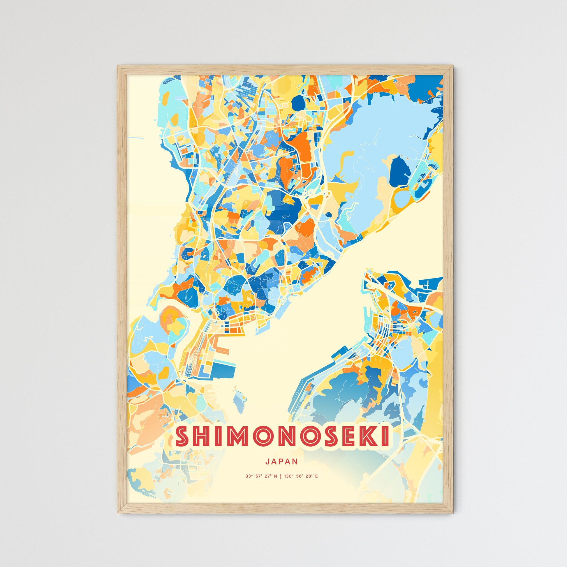 Colorful SHIMONOSEKI JAPAN Fine Art Map Blue Orange