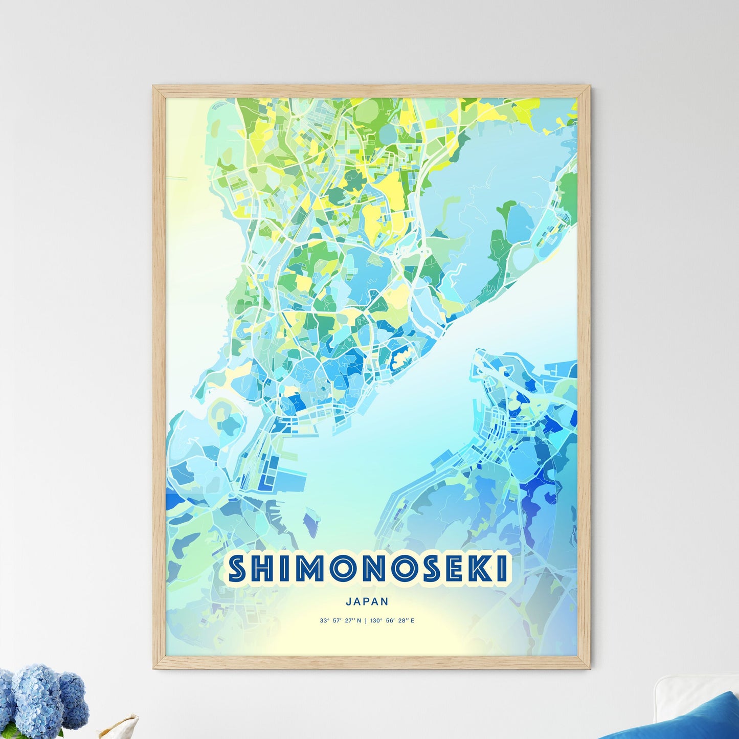 Colorful SHIMONOSEKI JAPAN Fine Art Map Cool Blue