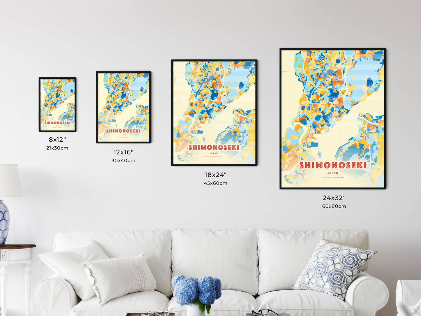 Colorful SHIMONOSEKI JAPAN Fine Art Map Blue Orange