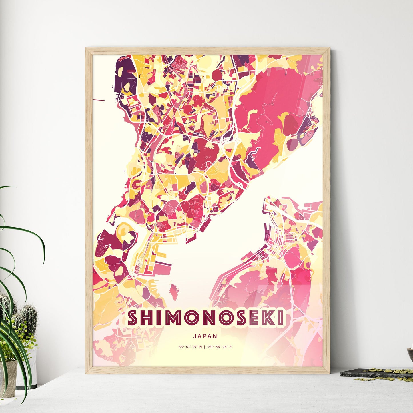 Colorful SHIMONOSEKI JAPAN Fine Art Map Hot Red