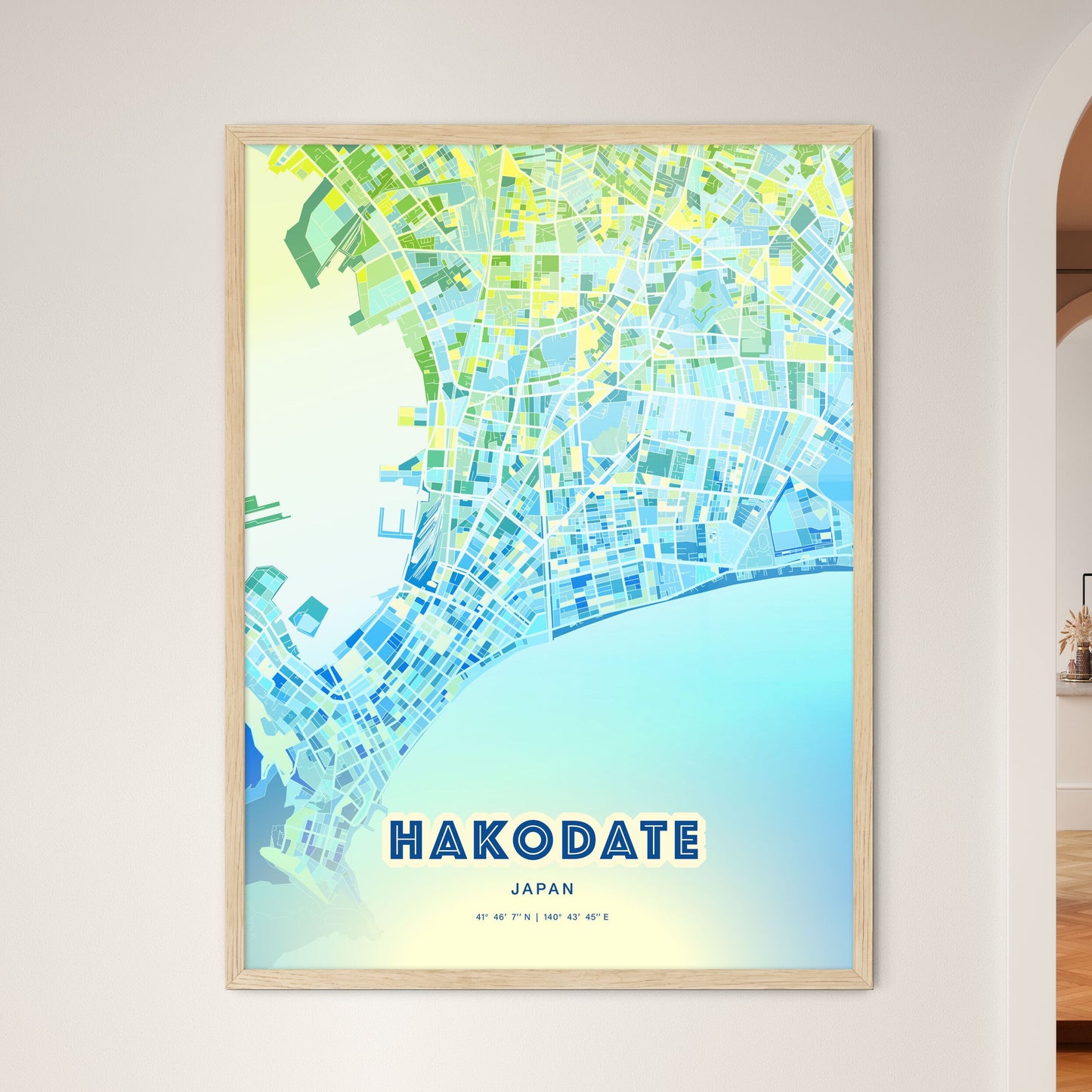 Colorful HAKODATE JAPAN Fine Art Map Cool Blue