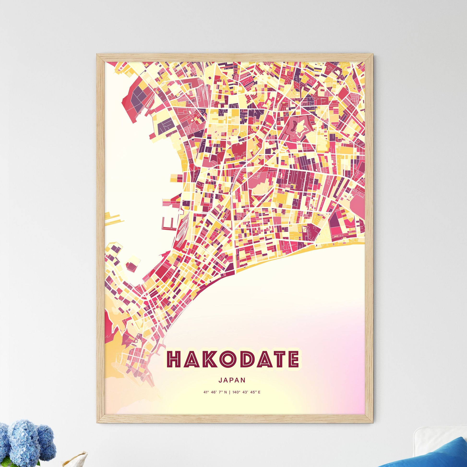 Colorful HAKODATE JAPAN Fine Art Map Hot Red