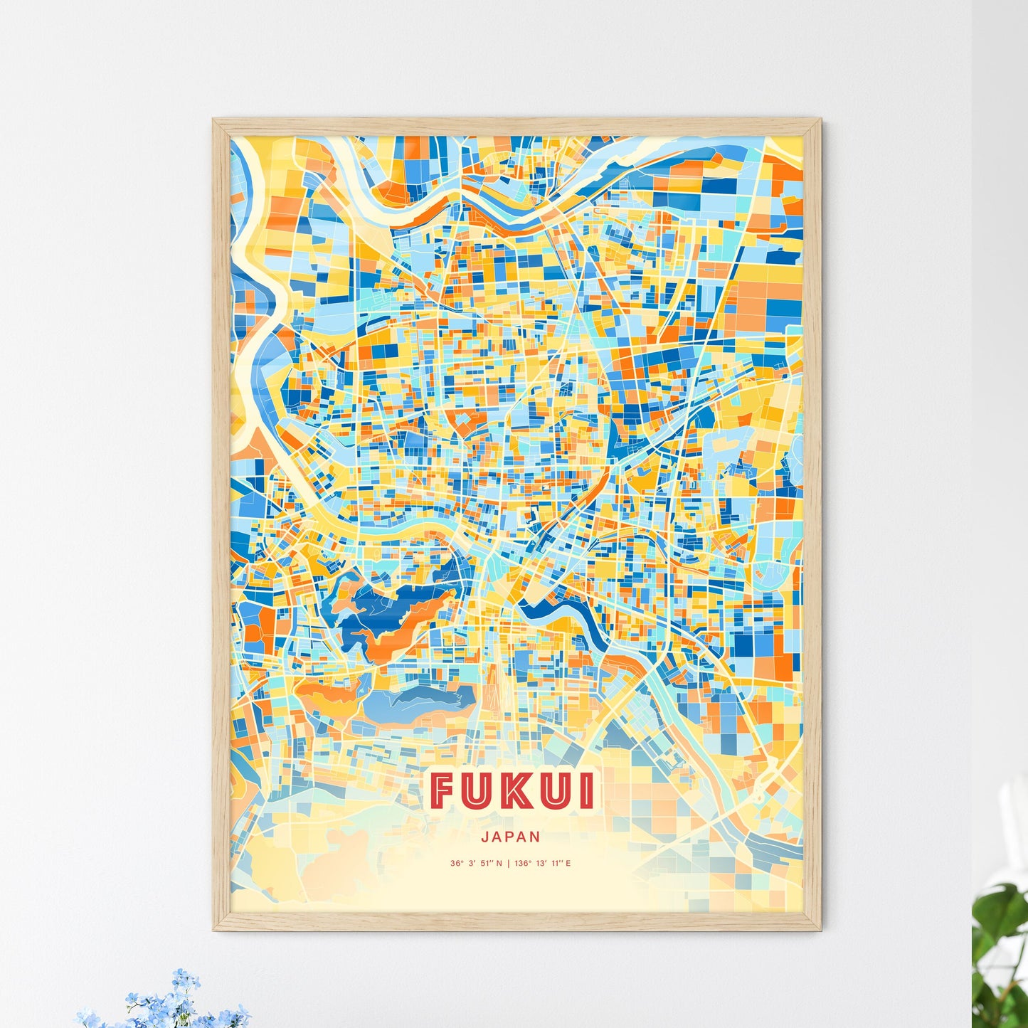 Colorful FUKUI JAPAN Fine Art Map Blue Orange