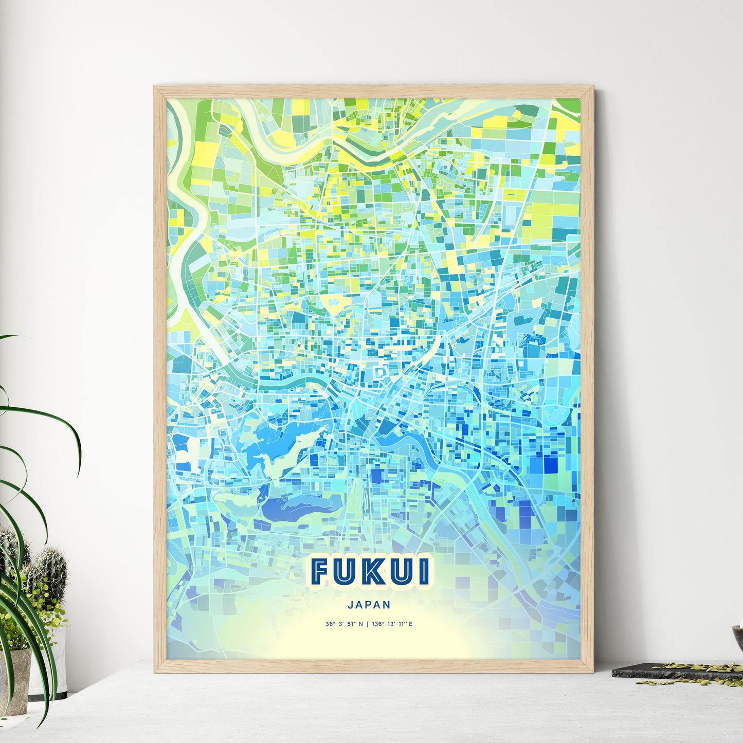 Colorful FUKUI JAPAN Fine Art Map Cool Blue