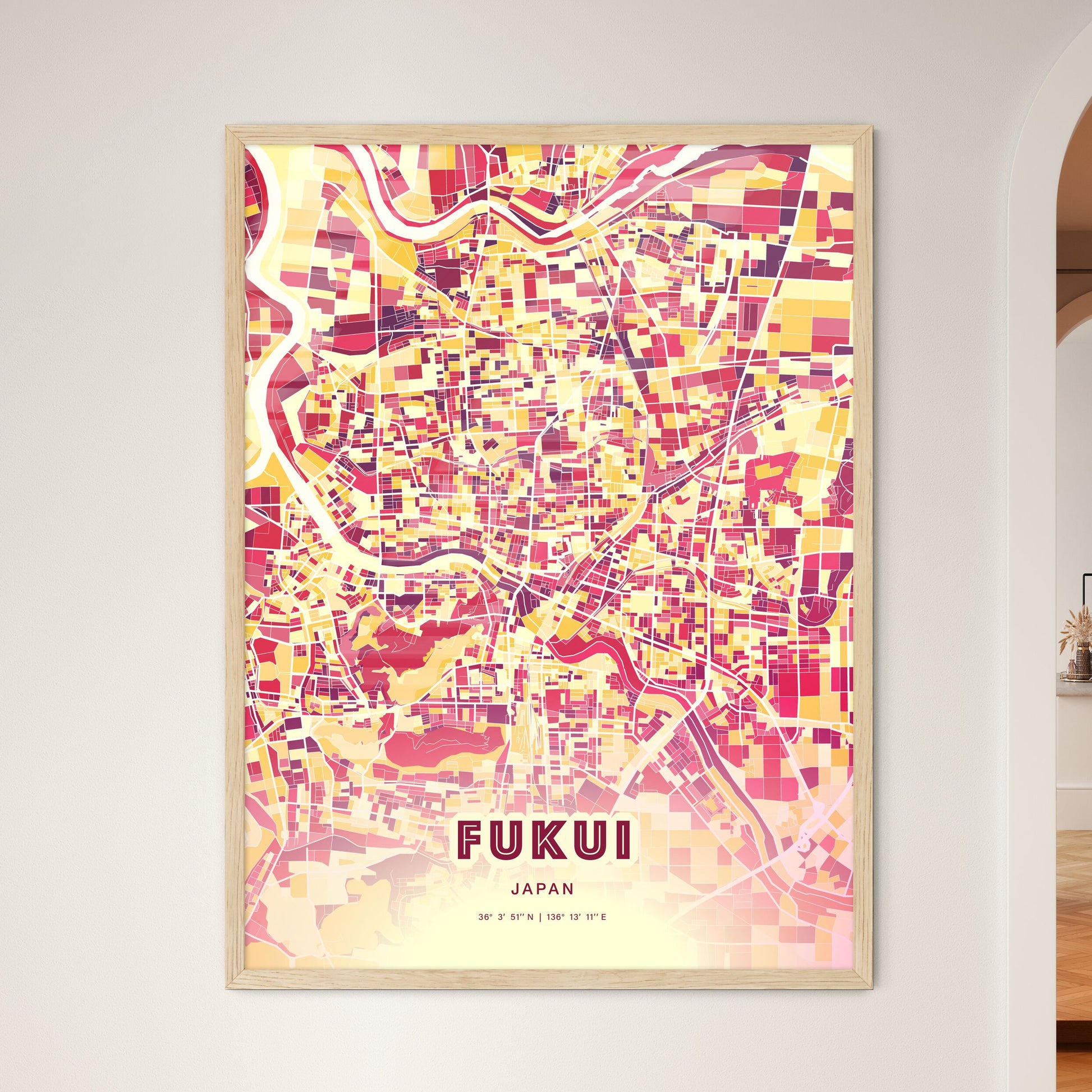 Colorful FUKUI JAPAN Fine Art Map Hot Red