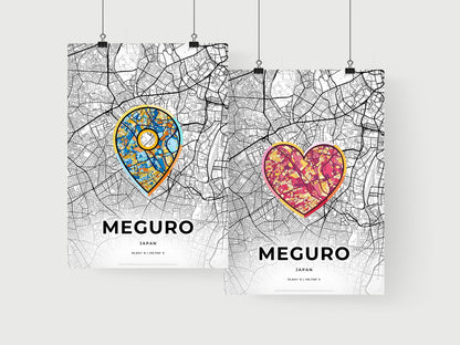 MEGURO JAPAN minimal art map with a colorful icon.